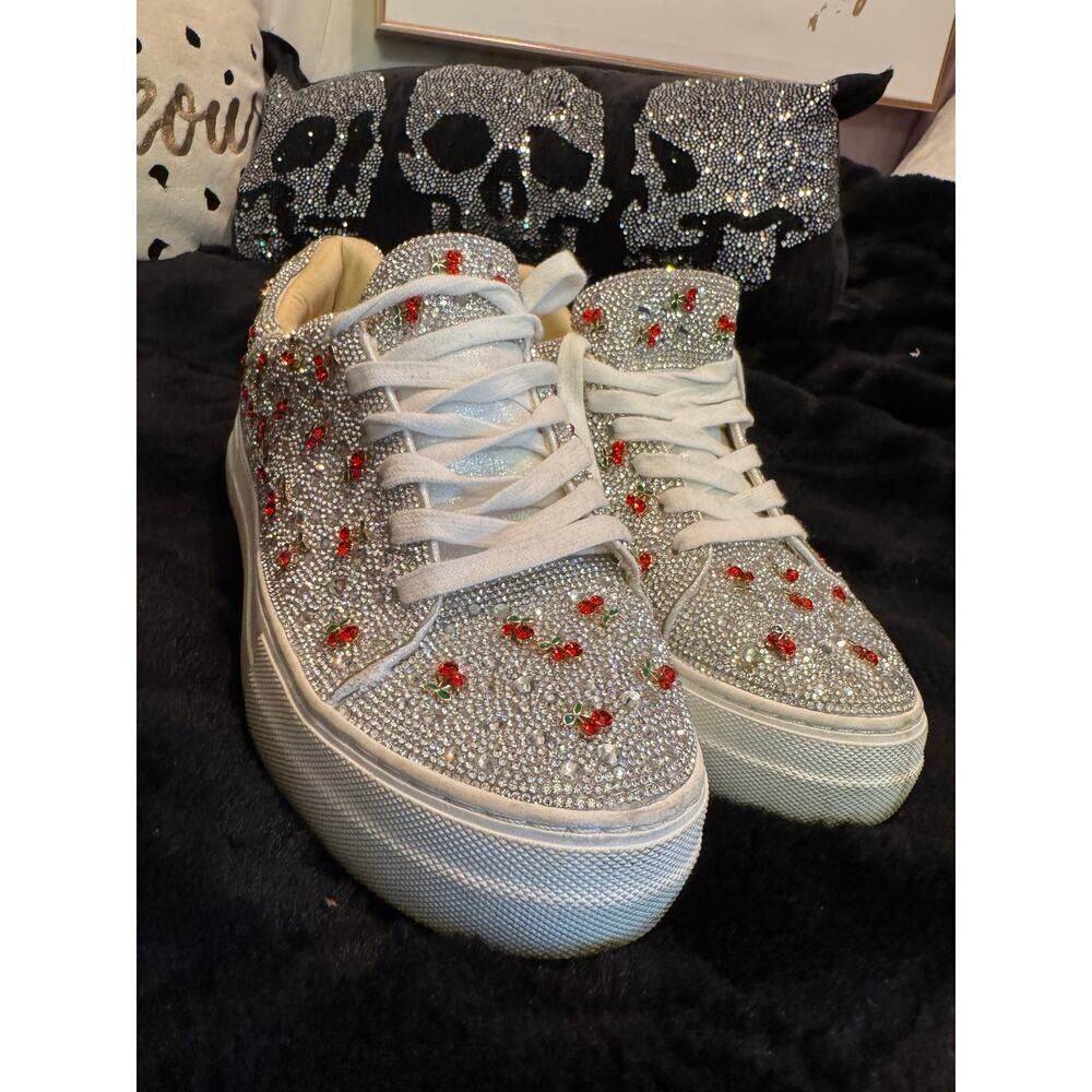 betsey Johnson rhinestone crystal cherry cherries fashion sneakers shoes flats - Picture 2 of 8